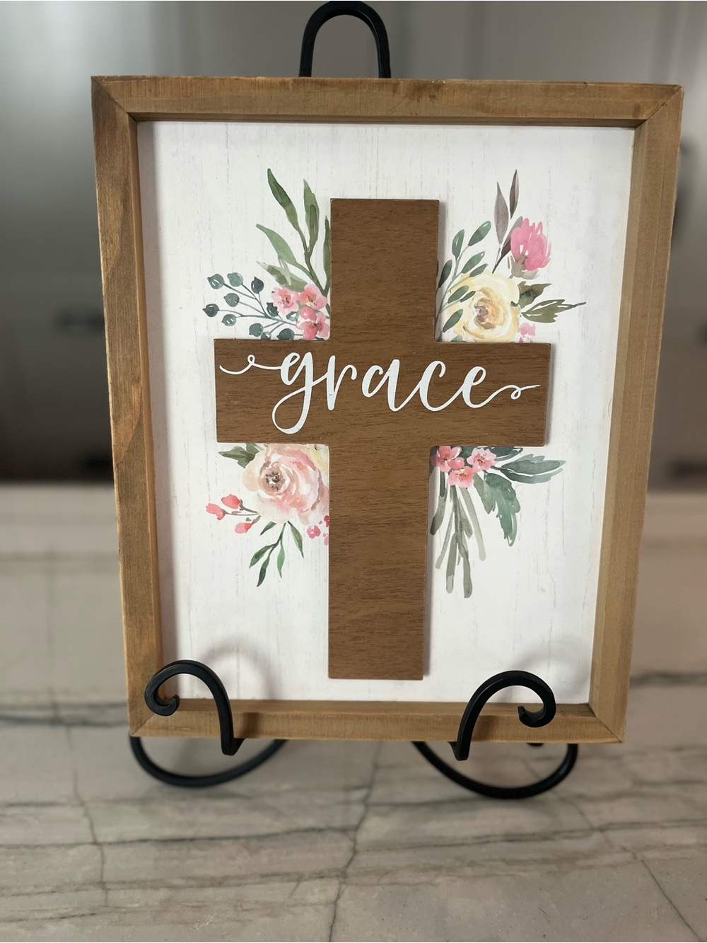 Wooden Cross Wall Art "Grace" with flowers